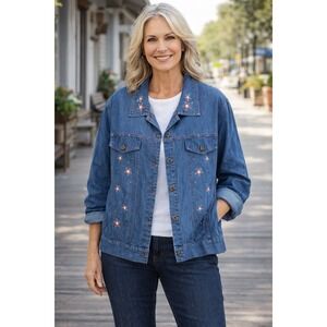 Drapers Damons Denim‎ Jacket Womens L Blue Embroidered Stars Rhinestone USA 4th
